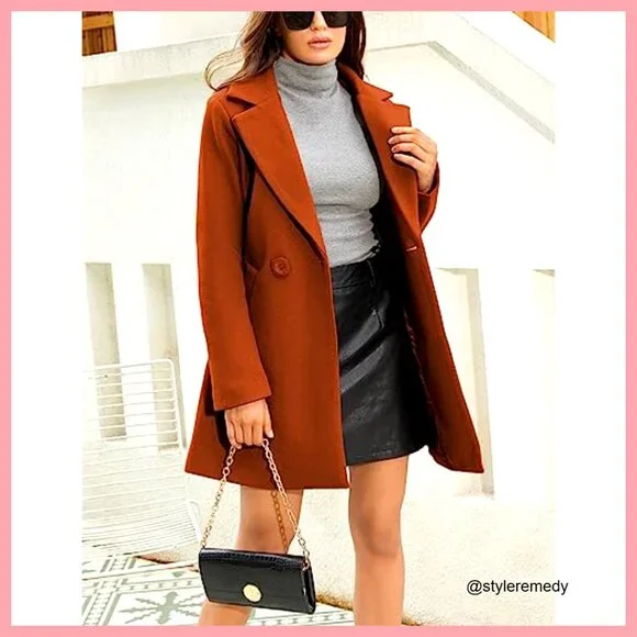 Wool Blend Pea Coat Notched Collar Double Breasted Midi Trench
